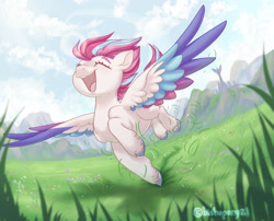 Size: 1920x1551 | Tagged: safe, artist:bishopony, zipp storm, pegasus, pony, g5, my little pony: a new generation, spoiler:my little pony: a new generation, adorazipp, city, cityscape, cute, eyes closed, female, field, flying, happy, lens flare, mare, mountain, mountain range, open mouth, open smile, outdoors, shadow, signature, smiling, solo, spread wings, unshorn fetlocks, windswept mane, wings, zephyr heights
