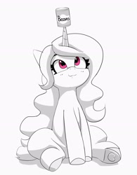 Size: 2090x2673 | Tagged: safe, artist:pabbley, izzy moonbow, pony, unicorn, g5, my little pony: a new generation, spoiler:my little pony: a new generation, beans, can, female, food, grayscale, high res, horn, horn impalement, izzy impaling things, izzy's beans, looking up, mare, monochrome, partial color, simple background, sitting, solo, white background