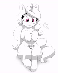 Size: 3251x4096 | Tagged: safe, artist:pabbley, izzy moonbow, pony, unicorn, g5, my little pony: a new generation, spoiler:my little pony: a new generation, beans, between legs, can, female, food, grayscale, heart, izzy's beans, mare, monochrome, partial color, simple background, sitting, solo, thigh crush, thighs, white background, wide hips