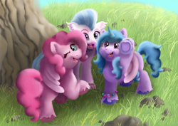 Size: 2028x1439 | Tagged: safe, artist:doodledonutart, izzy moonbow, pinkie pie, silverstream, earth pony, hippogriff, pony, g4, g5, my little pony: a new generation, spoiler:my little pony: a new generation, cute, diapinkes, diastreamies, female, grass, grass field, group, group hug, hug, izzybetes, looking at you, open mouth, painting, smiling, trio, trio female