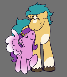 Size: 1096x1247 | Tagged: safe, artist:tezzbot, hitch trailblazer, pipp petals, earth pony, pegasus, pony, g5, my little pony: a new generation, spoiler:my little pony: a new generation, duo, female, gray background, height difference, hitch is tall, larger male, male, nuzzling, pipp is short, ship:pitch, shipping, simple background, smaller female, straight