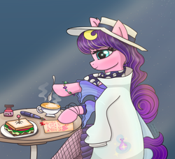 Size: 2532x2310 | Tagged: safe, artist:starsilk, oc, oc only, oc:star silk, pegasus, pony, clothes, coat, cup, food, hat, herbivore, high res, hoof hold, inkwell, pen, sandwich, skirt, smiling, solo, spoon, table, vegetables
