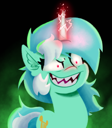 Size: 3500x4000 | Tagged: safe, artist:witchtaunter, lyra heartstrings, pony, unicorn, g4, g5, my little pony: a new generation, spoiler:my little pony: a new generation, ear fluff, electricity, evil, evil grin, evil lyra heartstrings, female, glowing, glowing horn, grin, high res, horn, l.u.l.s., lineless, magic, magic aura, mare, possessed, sharp teeth, smiling, solo, sproutity, teeth