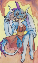 Size: 1040x1710 | Tagged: safe, artist:horrordragon339, princess ember, dragon, g4, cigar, clothes, dress, lidded eyes, looking at you, signature, sitting, smoke, smoking, solo, traditional art, witch