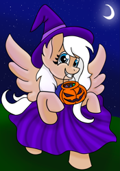 Size: 2109x3007 | Tagged: safe, artist:starsilk, oc, oc only, oc:star silk, pegasus, pony, candy, food, halloween, hat, high res, holiday, looking at you, moon, night, pumpkin bucket, smiling, solo, stars, witch costume, witch hat