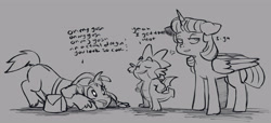 Size: 4062x1851 | Tagged: safe, artist:chub-wub, spike, sunny starscout, twilight sparkle, alicorn, dragon, earth pony, pony, g5, my little pony: a new generation, bag, cute, dialogue, female, mare, monochrome, saddle bag, sigh, smiling, starry eyes, sunny and her heroine, sunnybetes, twilight sparkle (alicorn), wingding eyes, winged spike, wings