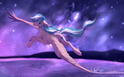 Size: 2954x1828 | Tagged: safe, artist:magicbalance, artist:vitanistarcat, oc, oc only, oc:summer ray, pegasus, pony, chest fluff, commission, female, floppy ears, flying, lake, leg fluff, mare, night, night sky, sky, solo, spread wings, starry night, stars, tail band, water, wings