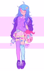 Size: 2001x3227 | Tagged: safe, artist:8tinywind8, izzy moonbow, pinkie pie, human, g5, bag, barrette, clothes, cute, female, garter, hairclip, high res, humanized, izzybetes, looking at you, mismatched socks, skirt, socks, solo, stockings, striped socks, thigh highs