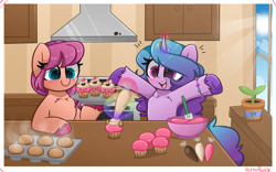 Size: 5937x3704 | Tagged: safe, artist:kittyrosie, izzy moonbow, sunny starscout, earth pony, pony, unicorn, g5, my little pony: a new generation, spoiler:my little pony: a new generation, alternate hairstyle, baking, batter, blushing, bowl, chest fluff, cloud, colored hooves, counter, cupcake, cute, duo, duo female, emanata, female, food, frosting, glowing, glowing horn, hooves in air, horn, indoors, izzybetes, kitchen, magic, mare, open mouth, open smile, outstretched arms, outstretched hoof, oven, owo, plant, plant pot, sky, smiling, steam, stove, sun, sunlight, sunnybetes, sunshine, table, telekinesis, unicorn cupcake, unshorn fetlocks, uwu, window