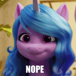 Size: 665x665 | Tagged: safe, edit, edited screencap, screencap, izzy moonbow, pony, g5, my little pony: a new generation, spoiler:my little pony: a new generation, 3d, animated, cropped, cute, gif, head shake, izzybetes, no, nope, reaction image, solo