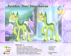 Size: 1280x1004 | Tagged: safe, artist:paisleyperson, oc, oc only, oc:peridot hawthorne, pony, unicorn, curved horn, female, horn, mare, reference sheet, solo, waterfall