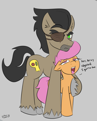 Size: 1700x2115 | Tagged: safe, artist:kingkrail, doctor caballeron, scootaloo, earth pony, pegasus, pony, series:caballeron's prize, g4, crack shipping, eyebrows, eyebrows visible through hair, eyepatch, female, filly, frown, male, need to pee, open mouth, potty time, scootalleron, shipping, straight