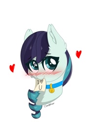 Size: 768x1024 | Tagged: safe, artist:rieyadraws, coloratura, earth pony, pony, g4, bell, bell collar, biting, blushing, chest fluff, collar, cute, ear fluff, heart, i love you, paper, rara, rarabetes, simple background, solo, white background