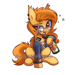 Size: 1500x1500 | Tagged: safe, artist:handgunboi, oc, oc:pumpkin spice, bat pony, pony, fallout equestria, alcohol, bandage, bottle, bubble, chest fluff, clothes, commission, cute, cute little fangs, drunk, ear piercing, earring, fangs, glasses, jewelry, jumpsuit, obtrusive watermark, open mouth, piercing, raised eyebrow, simple background, sitting, slit pupils, vault suit, watermark, white background
