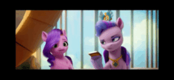 Size: 520x240 | Tagged: safe, screencap, pipp petals, queen haven, pegasus, pony, g5, my little pony: a new generation, spoiler:my little pony: a new generation, 3d, animated, duo, eyeroll, female, gif, mare, phone, queen haven is not amused, that pony sure does love phones, unamused