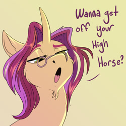 Size: 1575x1575 | Tagged: safe, artist:unfinishedheckery, oc, oc only, pony, unicorn, bedroom eyes, dialogue, digital art, glasses, horn, male, open mouth, simple background, solo, stallion, talking, text