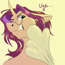 Size: 1575x1575 | Tagged: safe, artist:unfinishedheckery, oc, oc only, pony, unicorn, bedroom eyes, dialogue, digital art, drugs, glasses, gritted teeth, horn, male, simple background, solo, stallion, talking, text, unamused