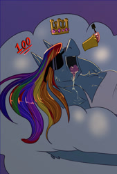 Size: 975x1440 | Tagged: safe, artist:unfinishedheckery, rainbow dash, pegasus, anthro, g4, breasts, busty rainbow dash, clothes, cloud, digital art, drool, female, majestic as fuck, open mouth, shirt, sleeping, snoring, solo, sunglasses