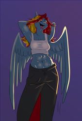 Size: 975x1440 | Tagged: safe, artist:unfinishedheckery, rainbow dash, pegasus, anthro, g4, arm behind head, belly button, breasts, clothes, digital art, eyes closed, female, midriff, open mouth, pants, simple background, solo, spread wings, tank top, tongue out, wings