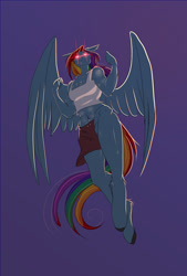 Size: 975x1440 | Tagged: safe, artist:unfinishedheckery, rainbow dash, pegasus, anthro, unguligrade anthro, g4, belly button, breasts, clothes, digital art, female, flying, glowing, glowing eyes, looking at you, midriff, shorts, simple background, solo, tail, tank top, thighs