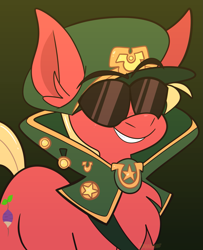 Size: 1621x2000 | Tagged: safe, artist:saveraedae, sprout cloverleaf, earth pony, pony, g5, my little pony: a new generation, spoiler:my little pony: a new generation, chest fluff, emperor sprout, fascist, hat, male, smiling, smirk, solo, stallion, sunglasses