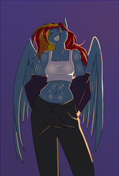 Size: 975x1440 | Tagged: safe, artist:unfinishedheckery, rainbow dash, pegasus, anthro, g4, abs, belly button, breasts, clothes, digital art, female, flying, grin, hoodie, looking at you, midriff, one eye closed, pants, simple background, smiling, smiling at you, solo, tail, tank top, thighs, undressing