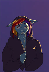 Size: 975x1440 | Tagged: safe, artist:unfinishedheckery, rainbow dash, pegasus, anthro, g4, bedroom eyes, breasts, digital art, female, looking at you, simple background, smiling, smiling at you, solo