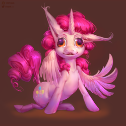 Size: 3000x3000 | Tagged: safe, artist:ls0tapok, pinkie pie, alicorn, pony, g4, adoracreepy, alicornified, creepy, creepy ponies, cute, diapinkes, female, glowing, glowing eyes, gray background, high res, horn, mare, nightmare fuel, one ear down, pinkiecorn, race swap, raised tail, simple background, smiling, solo, tail, wings, wrong eye color, xk-class end-of-the-world scenario