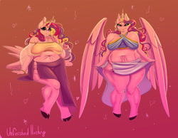 Size: 2624x2035 | Tagged: safe, artist:unfinishedheckery, princess cadance, alicorn, anthro, unguligrade anthro, g4, bbw, belly button, big breasts, breasts, busty princess cadance, chubby, clothes, digital art, dress, fat, female, high res, horn, looking at you, princess decadence, solo, spread wings, tail, thighs, thunder thighs, wings