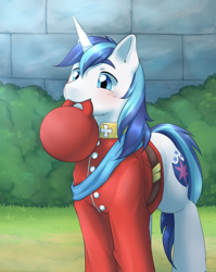 Size: 3600x4526 | Tagged: safe, artist:aquoquoo, shining armor, pony, unicorn, g4, ball, behaving like a dog, blushing, clothes, cute, male, mouth hold, shining adorable, solo, stallion, uniform