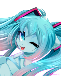 Size: 4000x5000 | Tagged: safe, artist:xsatanielx, kotobukiya, pony, anime, cute, female, hatsune miku, kotobukiya hatsune miku pony, mare, one eye closed, ponified, solo, vocaloid