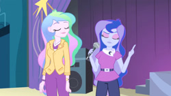 Size: 3410x1920 | Tagged: safe, screencap, princess celestia, princess luna, principal celestia, vice principal luna, equestria girls, g4, my little pony equestria girls: rainbow rocks, duo, duo female, eyes closed, female, high res, microphone, smiling, speaker