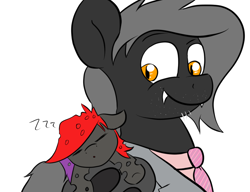 Size: 1000x768 | Tagged: safe, artist:tranzmuteproductions, oc, oc only, oc:tranzmute, bat pony, changeling, changeling queen, pony, baby, bat pony oc, changeling queen oc, clothes, duo, eyes closed, male, necktie, onomatopoeia, simple background, sleeping, smiling, sound effects, stallion, suit, white background, zzz