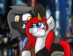 Size: 1000x768 | Tagged: safe, artist:tranzmuteproductions, oc, oc only, oc:tranzmute, bat pony, pony, unicorn, bat pony oc, blushing, bust, clothes, duo, eyelashes, female, grin, horn, male, mare, oc x oc, shipping, smiling, stallion, unicorn oc