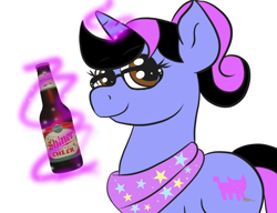 Size: 1000x768 | Tagged: safe, artist:tranzmuteproductions, oc, oc only, oc:pixelkitties, pony, unicorn, beer bottle, bottle, clothes, eyelashes, glasses, glowing, glowing horn, horn, magic, scarf, simple background, solo, telekinesis, unicorn oc, white background