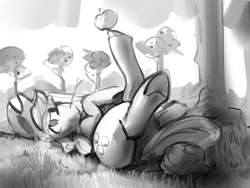 Size: 640x480 | Tagged: safe, artist:dimfann, applejack, earth pony, pony, g4, apple, black and white, featureless crotch, female, food, grayscale, hooves, lying down, mare, monochrome, on back, sketch, solo, underhoof