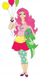 Size: 1048x1964 | Tagged: safe, artist:emzroze, pinkie pie, alligator, human, g4, balloon, clothes, cutie mark, cutie mark on clothes, duo, female, grin, humanized, simple background, skirt, smiling, white background