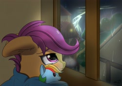 Size: 4096x2892 | Tagged: safe, artist:playful wings, rainbow dash, scootaloo, pegasus, pony, g4, blanket, cute, cutealoo, female, filly, floppy ears, foal, house, lightning, looking out the window, plushie, rain, rainbow dash plushie, scootasad, signature, solo, storm, thunderstorm, tree, window