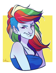 Size: 715x936 | Tagged: safe, artist:emzroze, rainbow dash, equestria girls, g4, abstract background, bust, clothes, female, grin, signature, smiling, solo