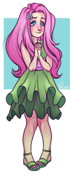 Size: 491x1158 | Tagged: safe, artist:emzroze, equestria girls, g4, abstract background, clothes, feet, female, flower, flower in hair, hands together, sandals, signature, skirt, smiling, solo