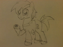 Size: 2048x1536 | Tagged: safe, artist:zombietator, oc, oc only, earth pony, pony, clothes, earth pony oc, hoof hold, lineart, male, pills, raised hoof, smiling, solo, stallion, traditional art