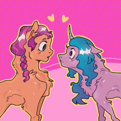 Size: 2048x2048 | Tagged: safe, artist:spiritsoda, izzy moonbow, sunny starscout, g5, my little pony: a new generation, spoiler:my little pony: a new generation, female, heart, high res, lesbian, looking at each other, ship:moonscout, shipping, staring at each other, staring contest