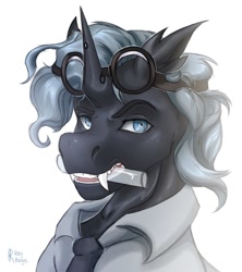 Size: 911x1024 | Tagged: safe, artist:raychelrage, oc, oc only, changeling, pony, unicorn, fangs, goggles, looking at you, male, simple background, solo, stallion, test tube, white background