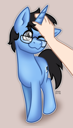 Size: 735x1280 | Tagged: safe, artist:sabrib, oc, oc only, oc:tinker doo, glasses, hand, male, one eye closed, petting, smiling