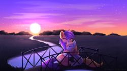 Size: 4800x2700 | Tagged: safe, artist:scarlet-spectrum, artist:scarlett-sketches, oc, oc only, earth pony, pony, unicorn, bridge, duo, high res, hug, nature, outdoors, river, scenery, sky, sun, water