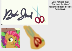 Size: 859x618 | Tagged: safe, edit, screencap, babs seed, earth pony, pony, bloom & gloom, g4, season 5, season 9, the last problem, cutie mark, female, filly, freckles, offscreen character, open mouth, open smile, smiling, solo focus, tail, text, two toned mane, two toned tail