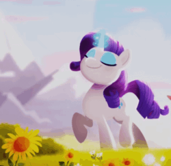 Size: 640x622 | Tagged: safe, screencap, fluttershy, rarity, pegasus, pony, unicorn, g5, my little pony: a new generation, spoiler:my little pony: a new generation, :t, animated, cropped, duo, evil rarity, eye twitch, eyes closed, eyeshadow, female, flower, fry brains, gif, majestic as fuck, makeup, mare, offscreen character, pink mane, possessed, raised hoof, raised leg, red eyes, sharp teeth, solo focus, sproutity, standing, standing on two hooves, talking, teeth