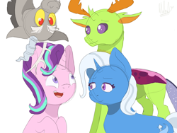 Size: 1280x960 | Tagged: safe, artist:artyfartyliz, discord, starlight glimmer, thorax, trixie, changedling, changeling, draconequus, pony, unicorn, g4, season 6, to where and back again, female, happy, king thorax, male, reformed four, signature, simple background, sketch, white background