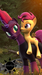 Size: 2160x3840 | Tagged: safe, artist:fanaticheretic7, scootaloo, tempest shadow, pegasus, pony, unicorn, g4, 3d, broken horn, cute, disability, forest, grin, high res, horn, magic, ponies riding ponies, riding, smiling, source filmmaker, sparking horn, sunlight, wholesome