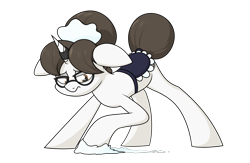 Size: 2333x1525 | Tagged: safe, artist:moonatik, raven, pony, unicorn, g4, bags under eyes, clothes, female, glasses, hair bun, horn, horn ring, magic suppression, maid, mare, ring, scrubbing, simple background, solo, tail, tail bun, tired, transparent background